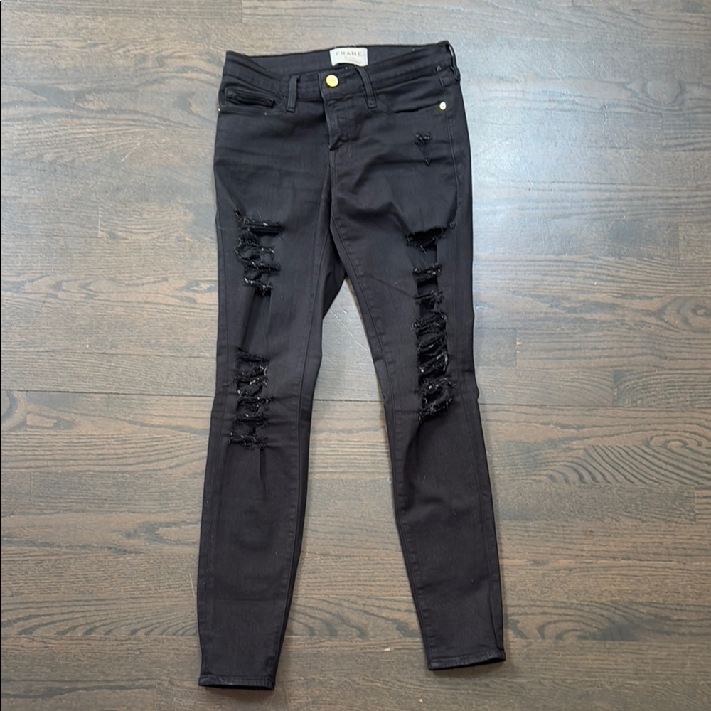 FRAME Le Skinny Distressed Black Women Jeans